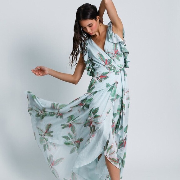HUTCH Iced Bali Leaves Asymmetrical Ruffled V-Neck Wrap Maxi “Beck” Dress SMALL - Picture 1 of 6
